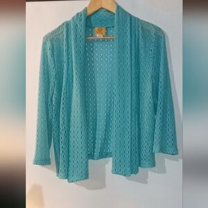 Ruby Rd. Women's Medium Turquoise Teal Pointelle Open Knit Cardigan Sweater